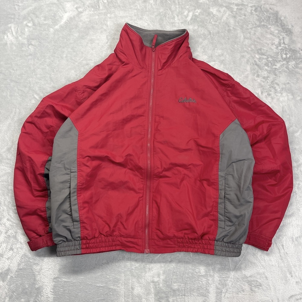 Cabela's Windbreaker Jacket Mens 2XL Tall Red Gray Fleece Lined Full Zip Outdoor